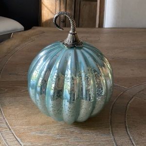 Antique teal glass pumpkin with silver stem